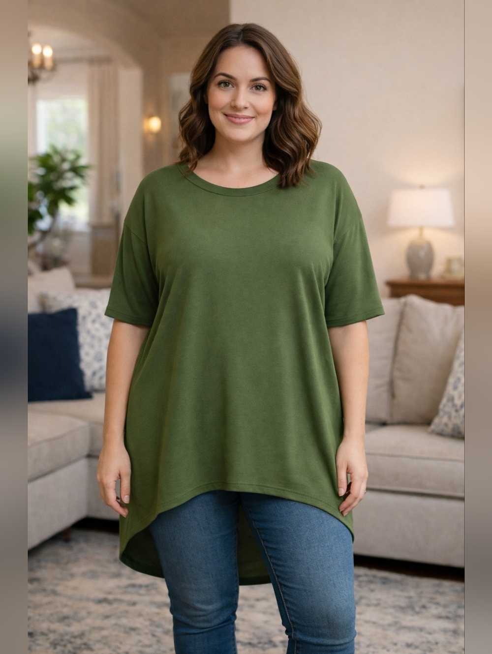 LuLaRoe Irma Tunic Top Women’s Large Olive Green Hi-Low Hem Short Sleeve